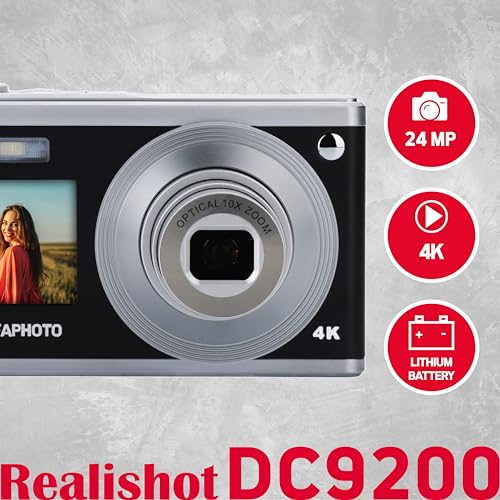 AGFA PHOTO Realishot DC9200 - Cámara Digital Compacta, 24 MP, Video 4K, Zoom Óptico 10X, Pantalla Doble 2.8" + 1.54", Sensor CMOS, Estabilización de Imagen, Batería de Litio - Negro