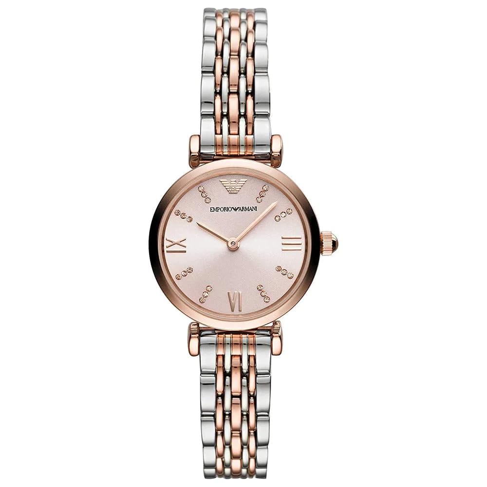 Emporio Armani Reloj de mujer, Movimiento de dos manecillas, caja de acero rosa dorado de 28 mm con correa de acero, AR11223, Oro rosa y tono plateado