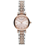 Emporio Armani Reloj de mujer, Movimiento de dos manecillas, caja de acero rosa dorado de 28 mm con correa de acero, AR11223, Oro rosa y tono plateado