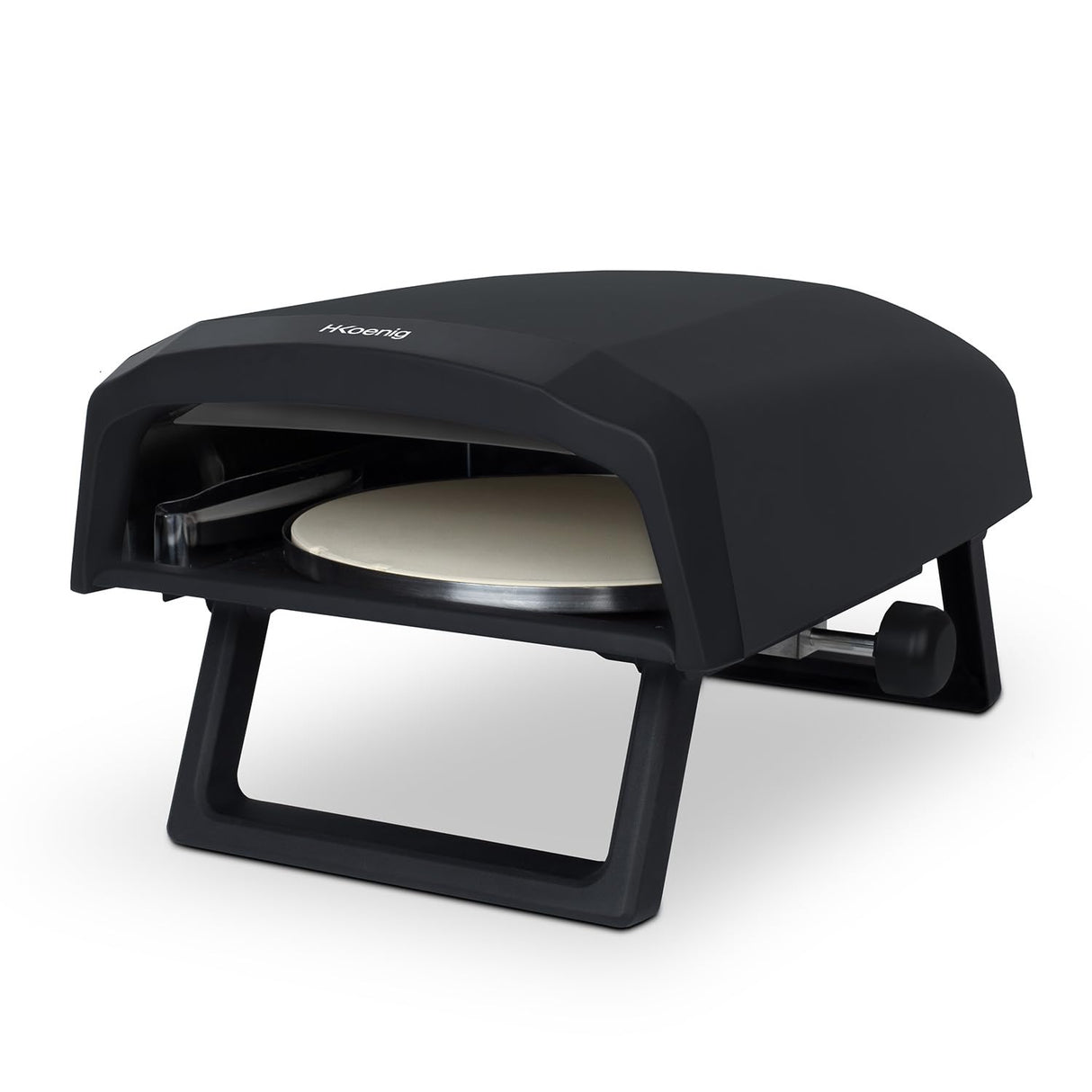 H.Koenig Horno de pizza a gas GINO640, acero inoxidable, 32 cm, superficie giratoria 360 grados, piedra Cordierite, hasta 500°C, pies plegables, pala para pizza y regulador
