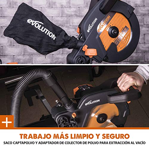 Evolution Power Tools R255SMS Sierra ingletadora Deslizante multimaterial, con Paquete Plus, Corta acero dulce, aluminio, plástico, madera con clavos incrustados 230 V, 255 mm