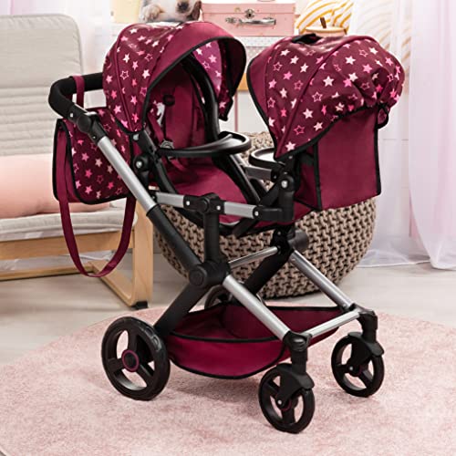 Bayer Design 26723AA Twin Xeo Cochecito de muñeca gemelas, Carrito Doble para muñecos, Altura Regulable, Ruedas Delanteras móviles, Bolsa