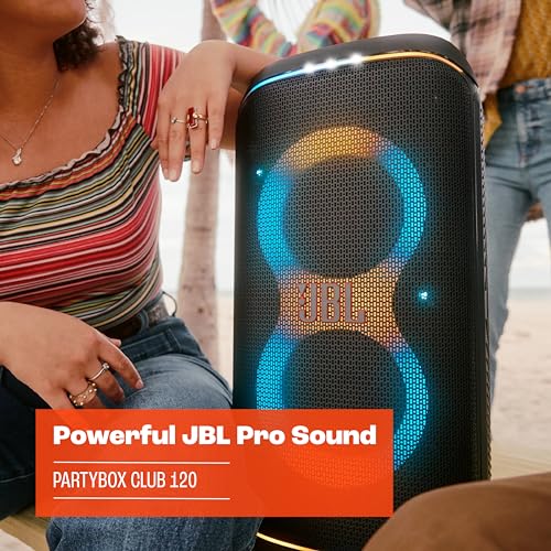 JBL Partybox Club 120, Altavoz portátil para fiestas, con asa plegable ergonómica, Bluetooth, espectáculo de luces, resistente a salpicaduras (IPX4), hasta 12h de reproducción, negro