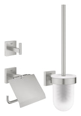 Grohe Start Cube QuickFix - Set de accesorios 3-en-1, Portarollos con tapa, colgador individual y set escobillero, gris mate, para pegar (pegamento QuickGlue A1) o atornillar, ref. 41123DC0