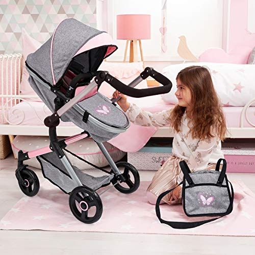 Bayer Design- Cochecito de Muñecas Neo Vario Combolso Cambiador, Convertible, Plegable, Color Vaqueros Grises, Rosa, Mariposa (18433Aa)