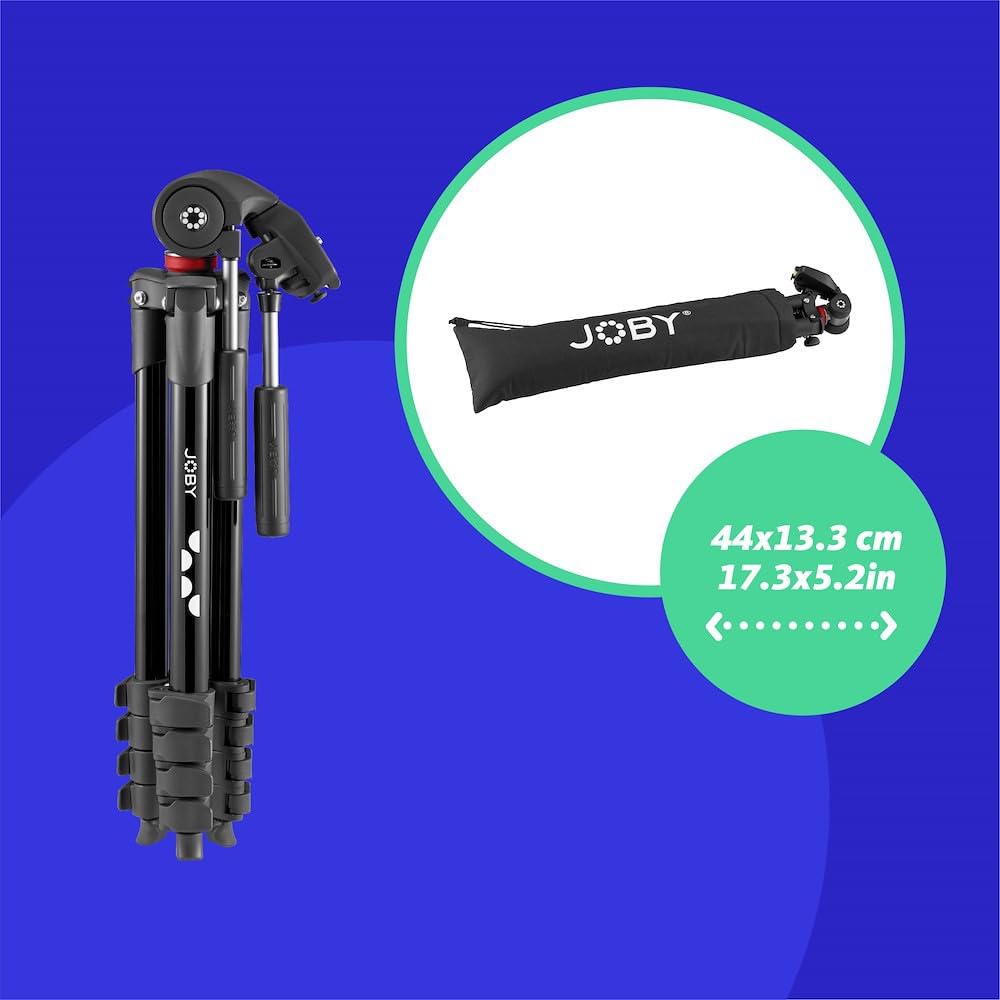 JOBY Compact Advanced Tripod, Trípode de Cámara con Rótula de 3 vías, Montura Universal de ¼-20 pulg. y Bolsa, para CSC, DSLR, Sin Espejo, Teléfono Móvil, Negro para Fotografía, Vídeo, Vlogging