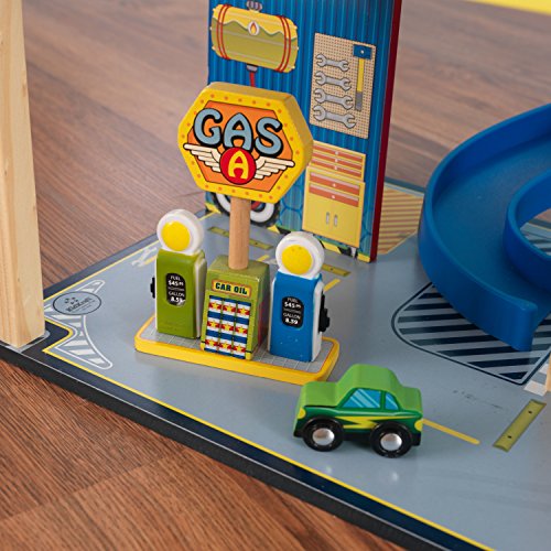 KidKraft Garaje y Pista Mega Ramp para niños 3+ años, Parking con Ascensor Funcional, gasolinera, señales de tráfico, 5 Coches de Juguete y un helicóptero (63267)
