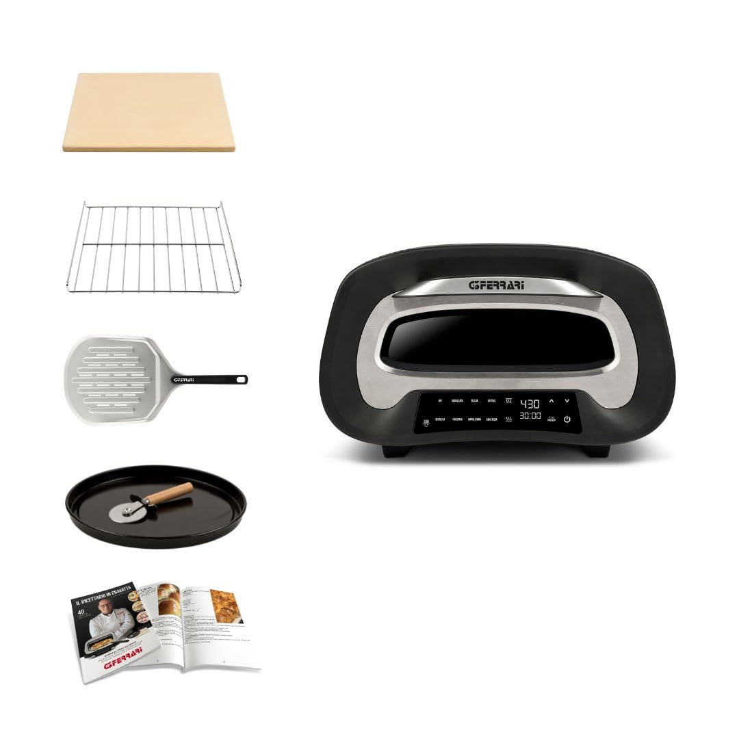 G3 Ferrari G10186 "Pronto Pizza 2 Minutos", 1700 W, Alcanza hasta 430°C, Paredes frías, Cocción en 2 minutos, Pantalla digital, 8 programas, Piedra refractaria, Accesorios y Recetario incluidos, Negro