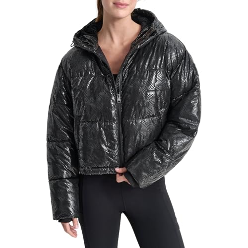 DKNY Embossed Crosswalk Print Cropped Puffer Jacket Chaqueta, Negro, S Mujeres