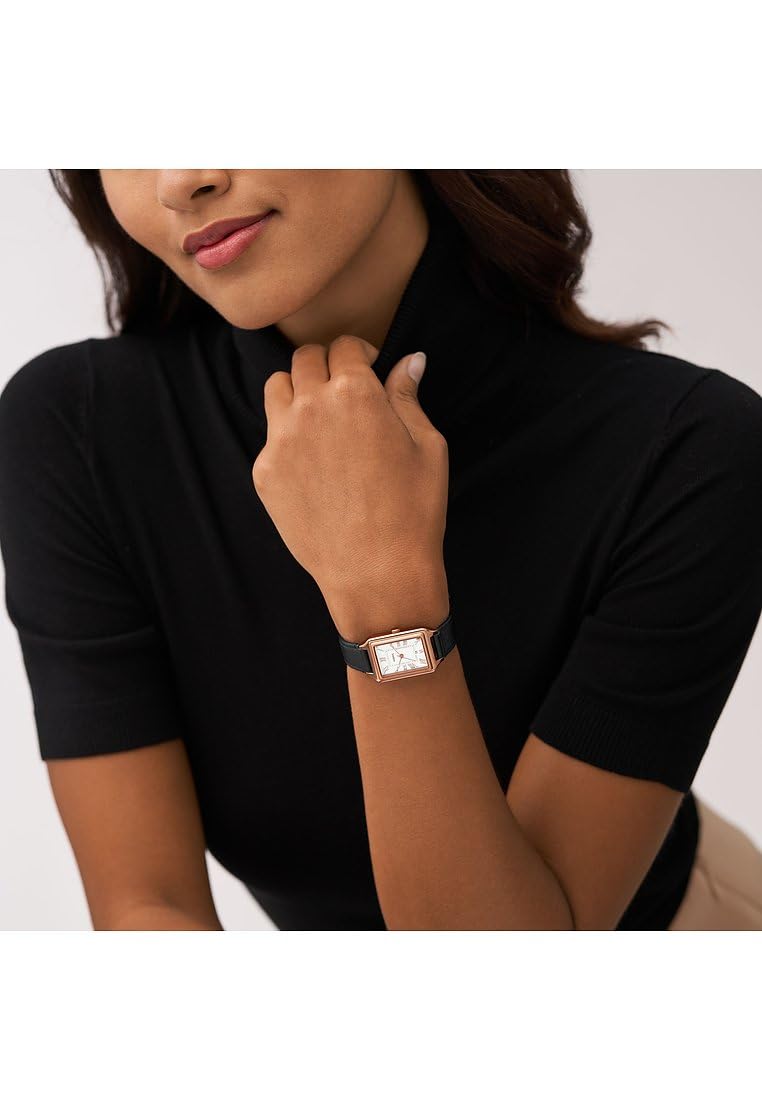 Fossil Raquel Reloj para Mujer, Movimiento de Cuarzo con Correa de Acero o Piel, Negro y Tono Oro Rosa, 23MM