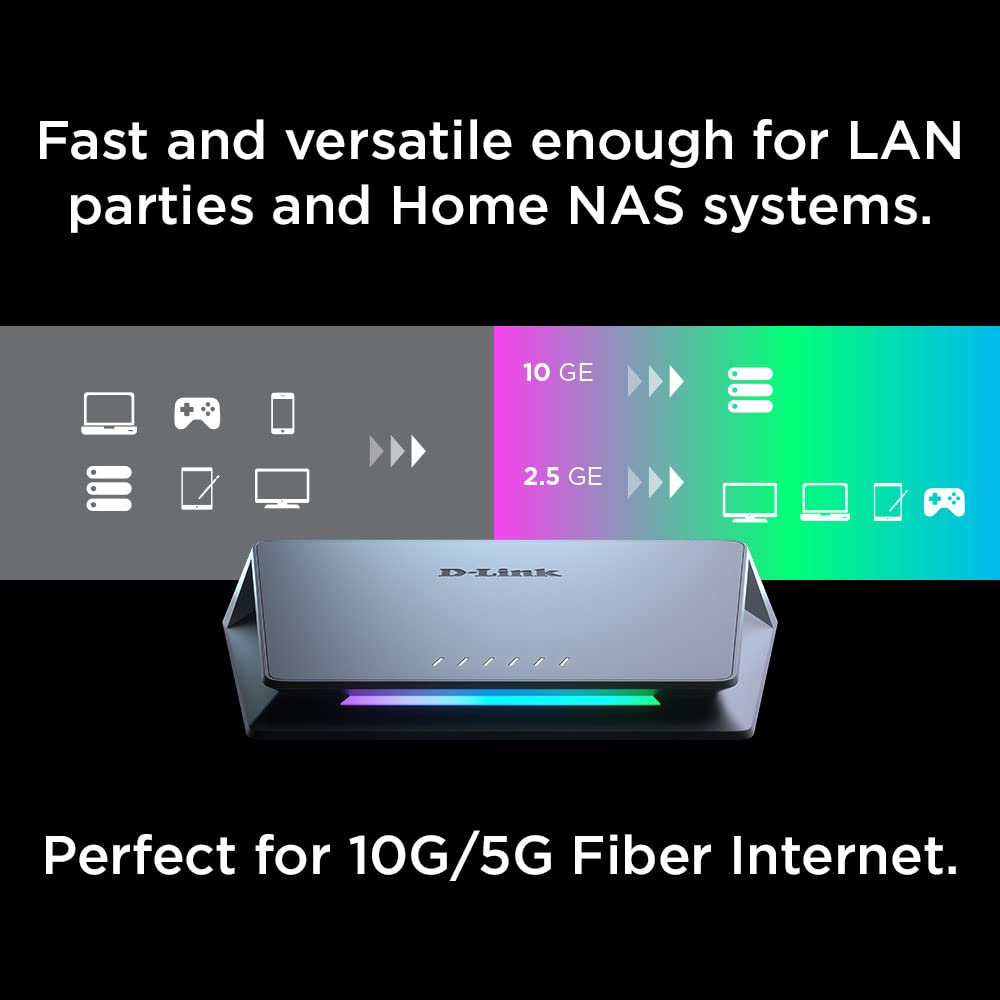 D-Link DMS-106XT Switch Multigigabit para Gaming, 5 Puertos LAN 2.5 Gigabit, 1p LAN 10 Gigabit, sin gestión, diseño avanzado con Leds, Turbo Mode, IGMP Snooping, priorización Inteligente