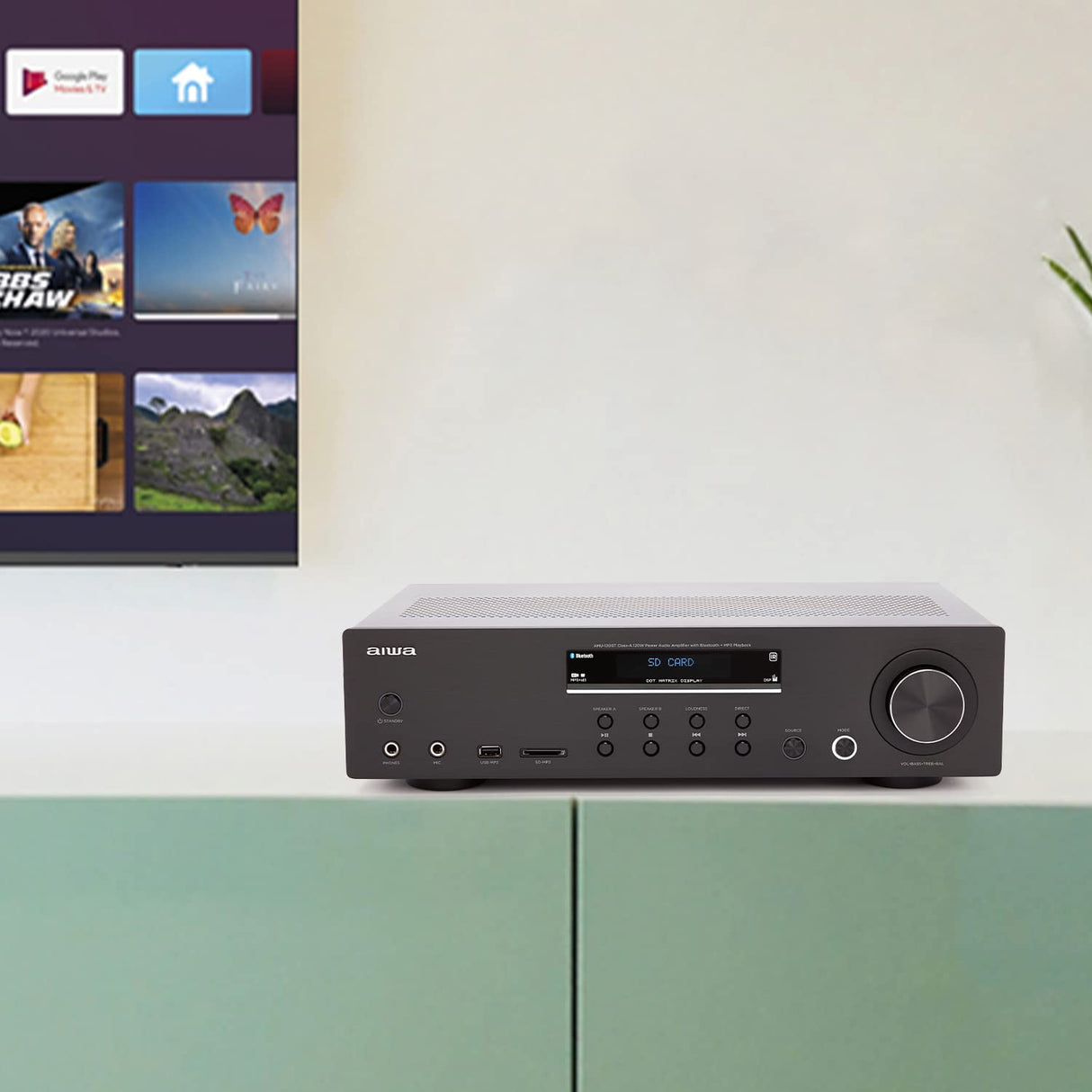 Aiwa AMU-120BTBK: Amplificador, Receptor AV, con Bluetooth 5.0, 120W, Puerto USB, Lector Tarjeta SD. Color: Negro
