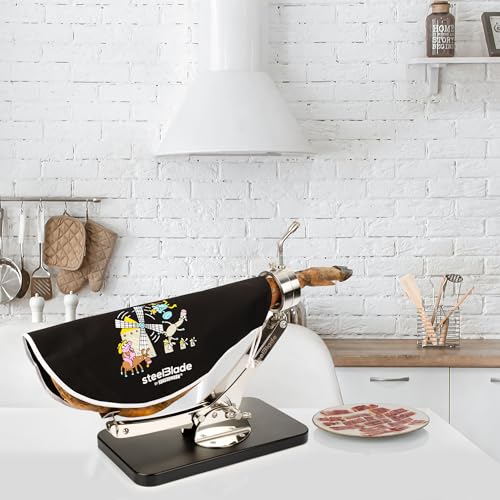 steelBlade - Jamonero Sublim Articulado Giratorio 360º Acero Inoxidable con Ventosa de sujeción + Cubre jamón Kukuxumusu - Soporte Jamonero Fabricado en España