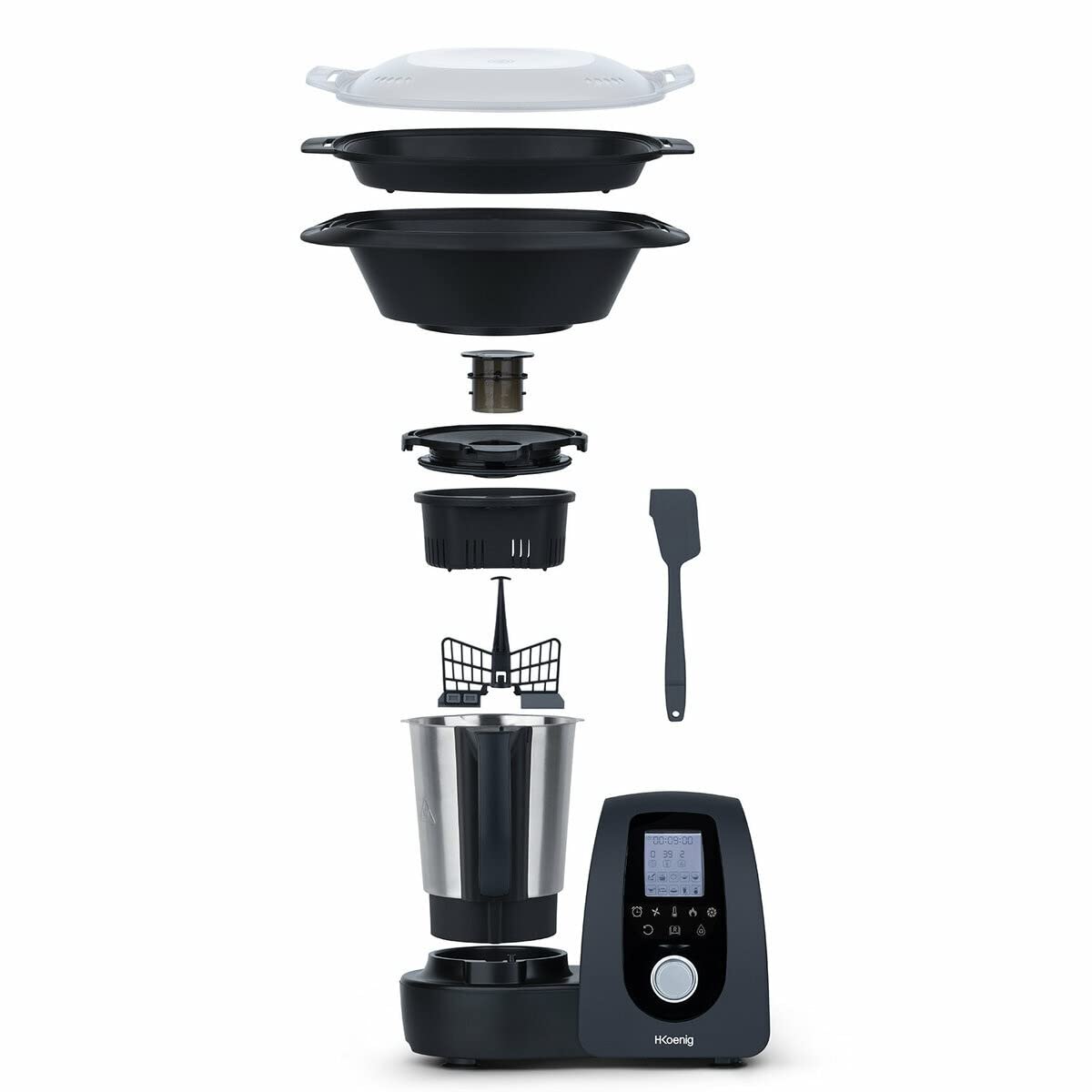 H.Koenig HK8 Robot de cocina inteligente multifunción, profesional 2L, 1000W, 30+ Funciones de Cocción, Velocidad Turbo 10, Temperatura de 37 a 120°C, Hasta 4 preparaciones al mismo tiempo