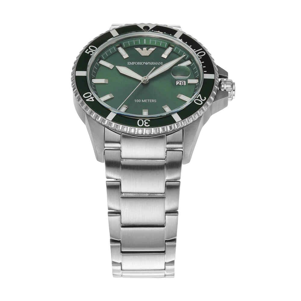 Emporio Armani Reloj Hombre, Movimiento de tres manecillas con fecha, caja de 42mm de acero inoxidable plateado con correa de acero inoxidable, AR11338, Tono plata y verde oscuro