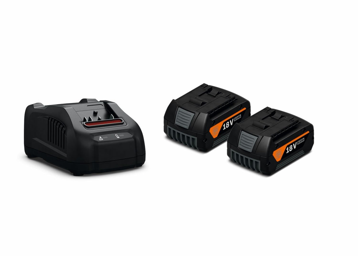 FEIN Set de inicio de baterías GBA 18 V 5.0 Ah AS | 2 baterías de iones de litio con cargador rápido GAL 1880 CV. Para baterías con conector de 18 V AMPShare o Bosch Professional