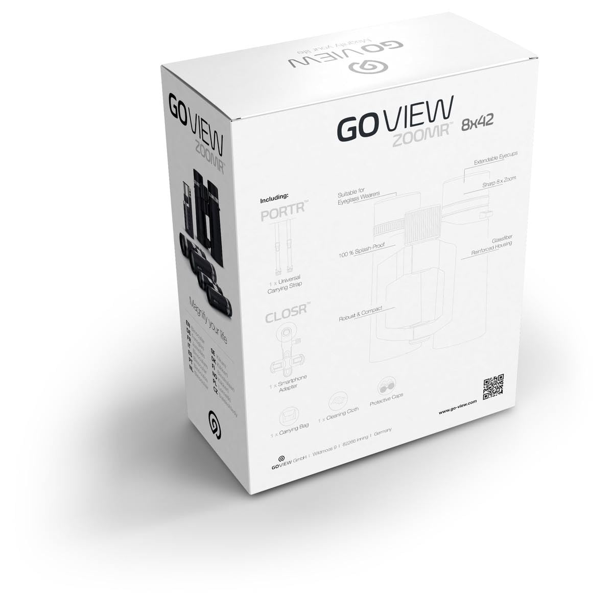 GoView ZOOMR 8x42 prismáticos para Actividades al Aire Libre, Naturaleza, observación de Vida Salvaje, Viajes (Zoom de 8 aumentos, Gran Campo de visión, Incluye Set de Accesorios) Phantom Black