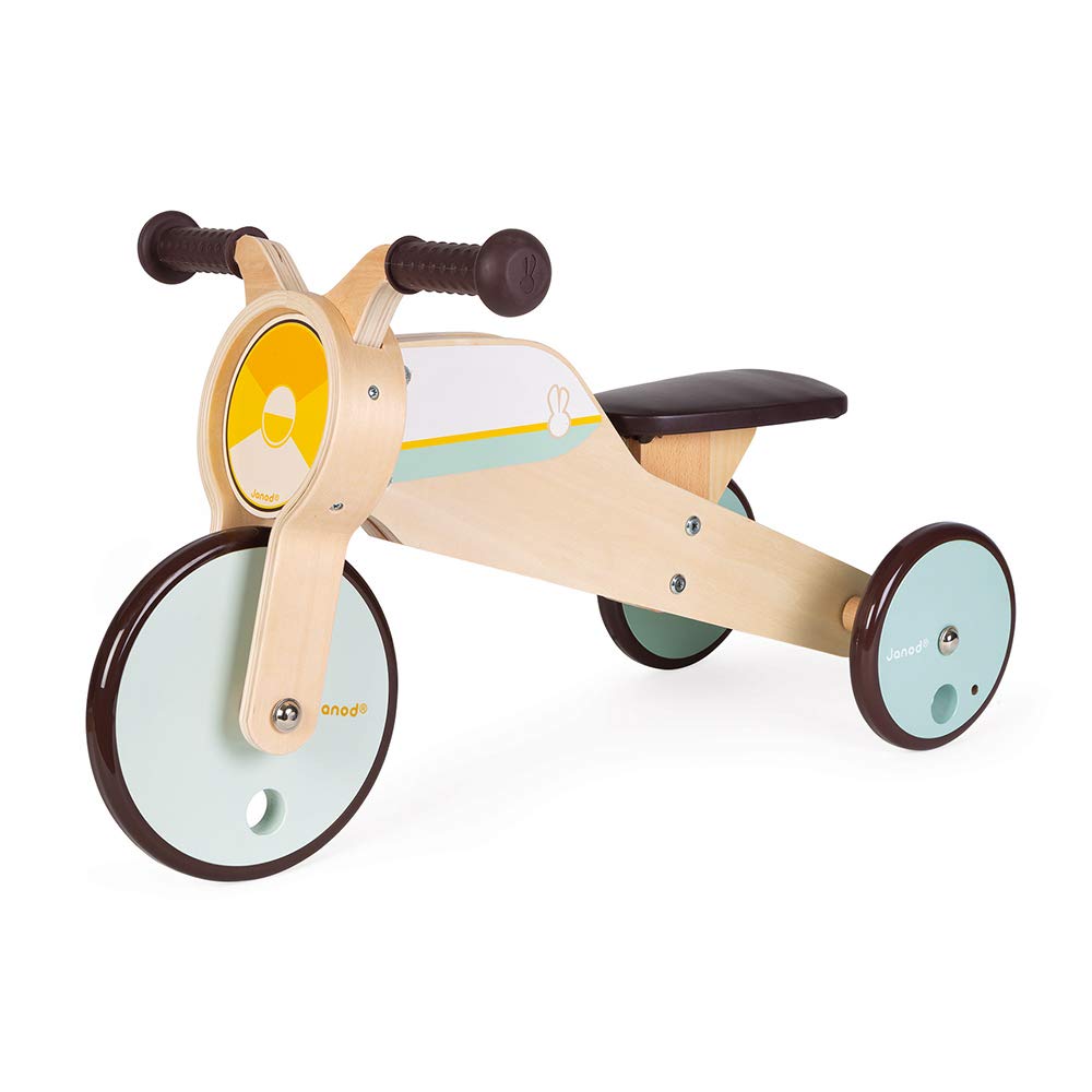 Janod - Triciclo de madera con balancín - Triciclo para bebés de la primera edad - Para desarrollar la motricidad gruesa y el sentido del equilibrio - Juguete de madera - De 12 a 36 meses, J03284