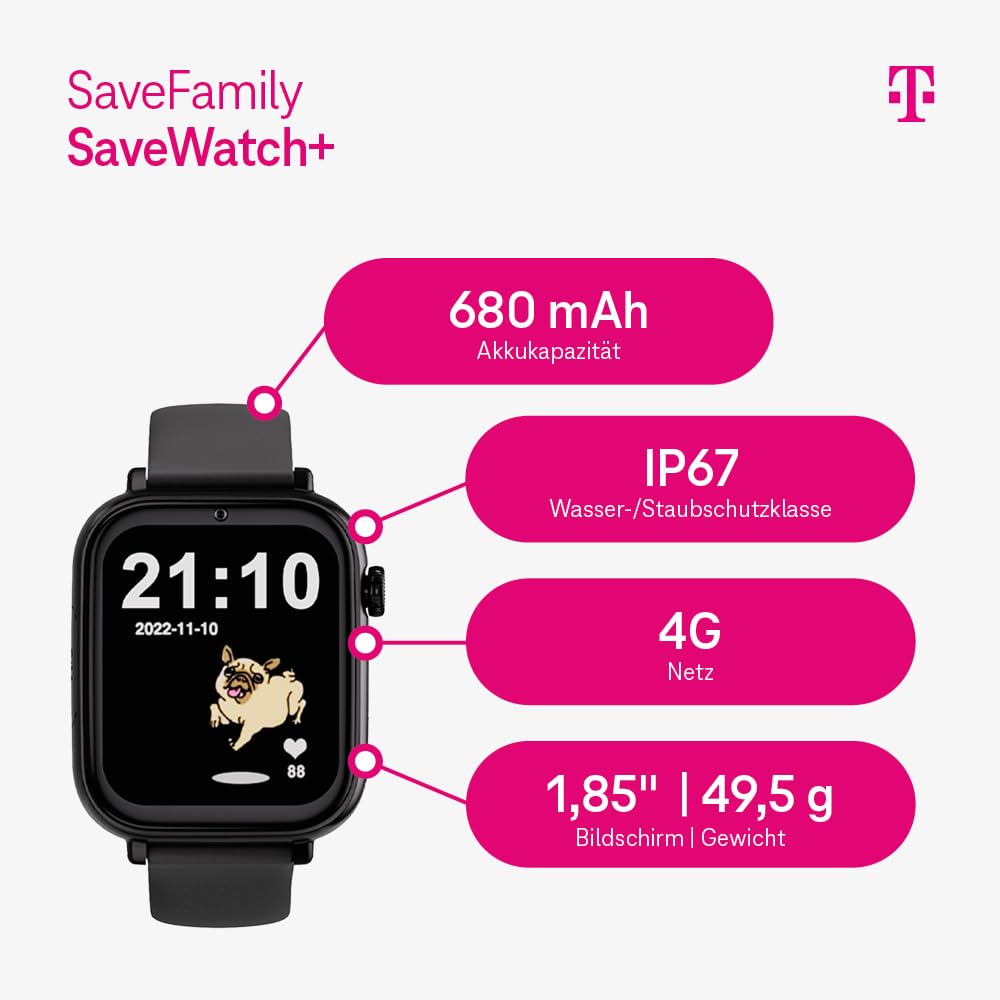 Deutsche Telekom SaveFamily SaveWatch Plus 4G Reloj Inteligente Infantil Llamada Vídeo Face ID Bandas Personalizables UltraSlim Fondos de Pantalla Música Bluetooth App Store (Ocean), Negro, Schwarz,