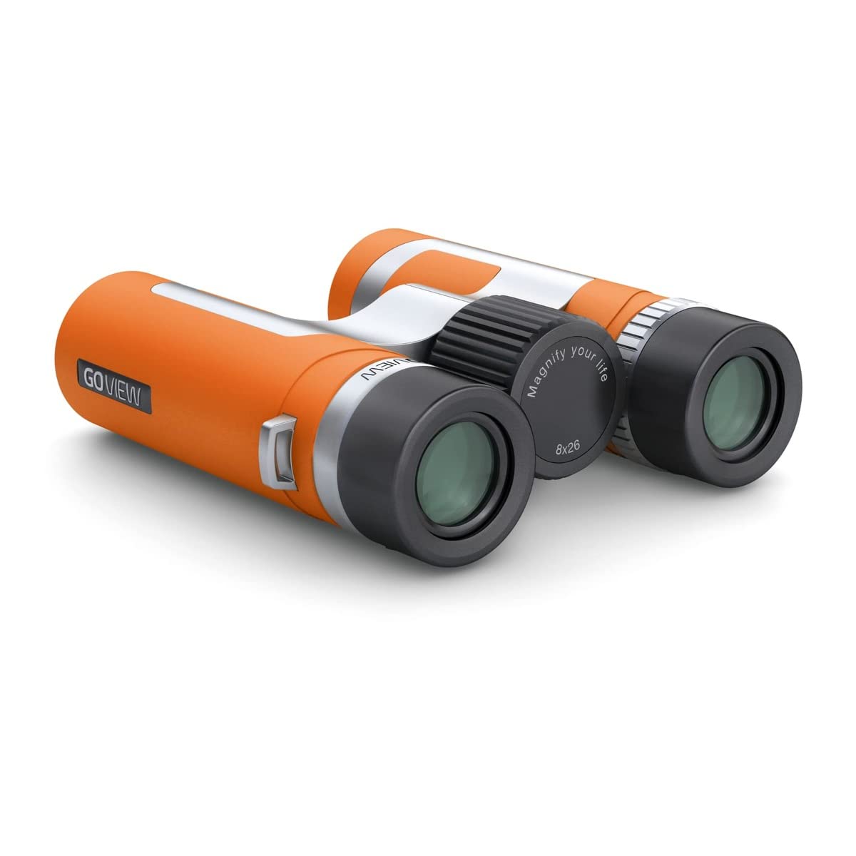 GoView ZOOMR 8x26 prismáticos pequeños y Ligeros (Aumento de 8X, Carcasa de magnesio, Incluye Adaptador para Smartphone y Accesorios) Sunset Naranja