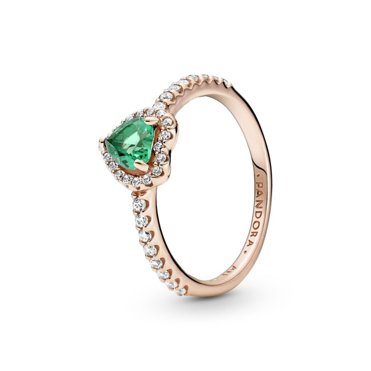 Pandora Timeless Anillo con diseño de corazón chapado en oro rosa de 14 quilates con cristales verdes y circonitas cúbicas transparentes, talla 52