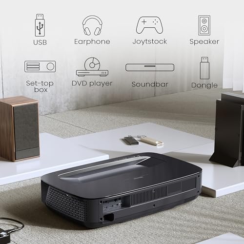 Hisense PL2 - Proyector Laser UHD 4K Smart TV de Tiro Corto, de 80 a 150 Pulgadas, 2400 lumenes, HDR10, Contraste Nativo 3000:1, Dolby Vision, Dolby Atmos, Smooth Motion, Mando Solar