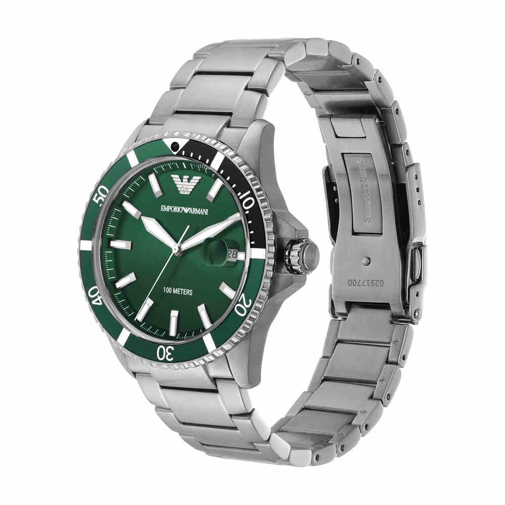 Emporio Armani Reloj Hombre, Movimiento de tres manecillas con fecha, caja de 42mm de acero inoxidable plateado con correa de acero inoxidable, AR11338, Tono plata y verde oscuro