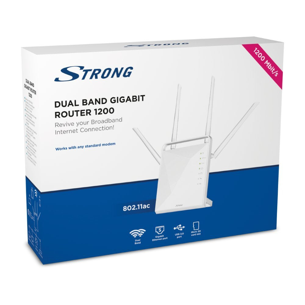 Strong 1200 Router Wi-Fi AC Dualband 300 Mbps 2.4 GHz y 867 Mbps 5 GHz, 4 5dBi Antenas, 4 Gigabit Puertos, USB 3.0, microSD, WPA, WPS