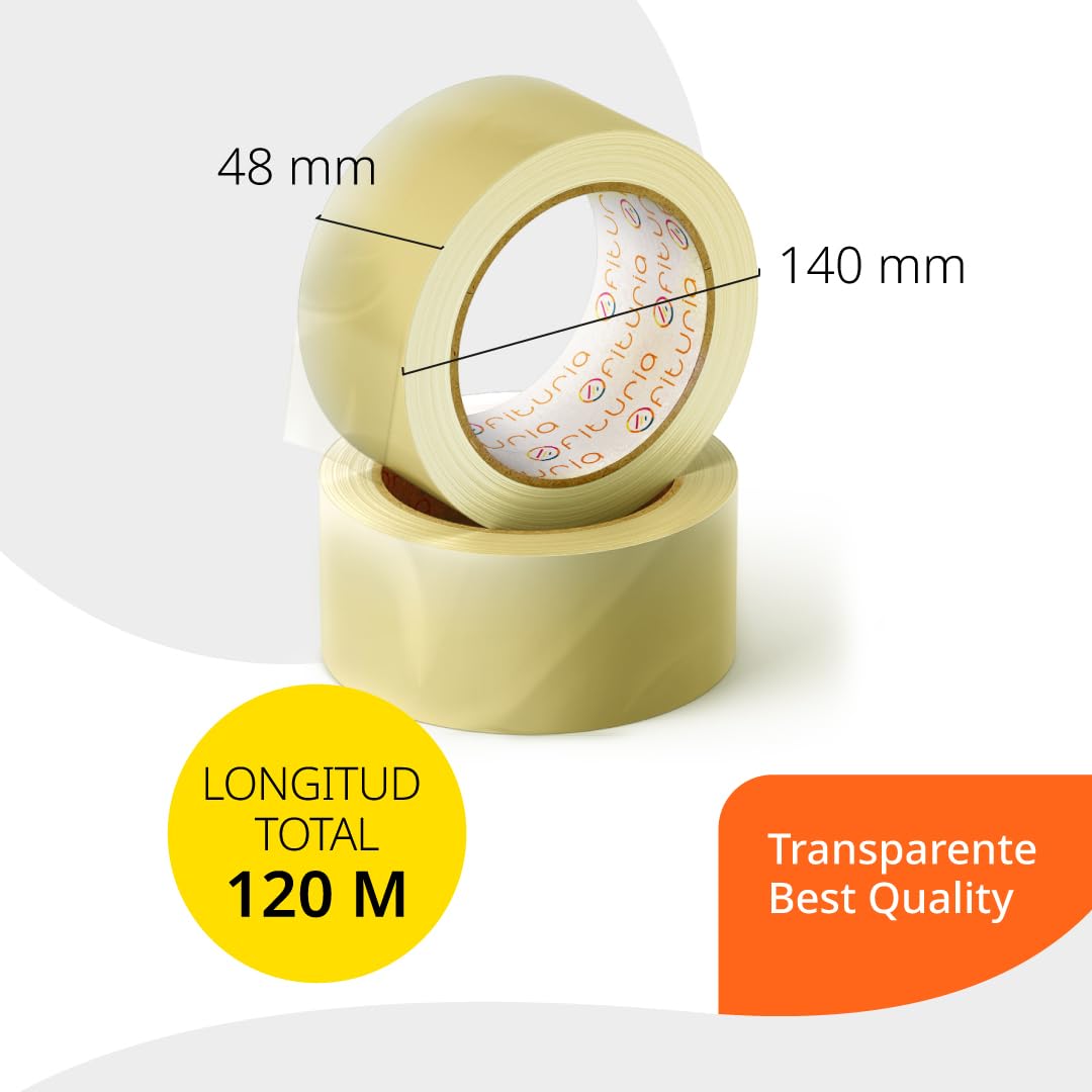 OFITURIA Cinta Adhesiva de Embalar Transparente para Embalaje de Cajas de Cartón de Envíos y Mudanzas. Precinto para Empaquetados Seguros y Resistentes (48mm x 120 mts - Transparente, 48 Rollos)