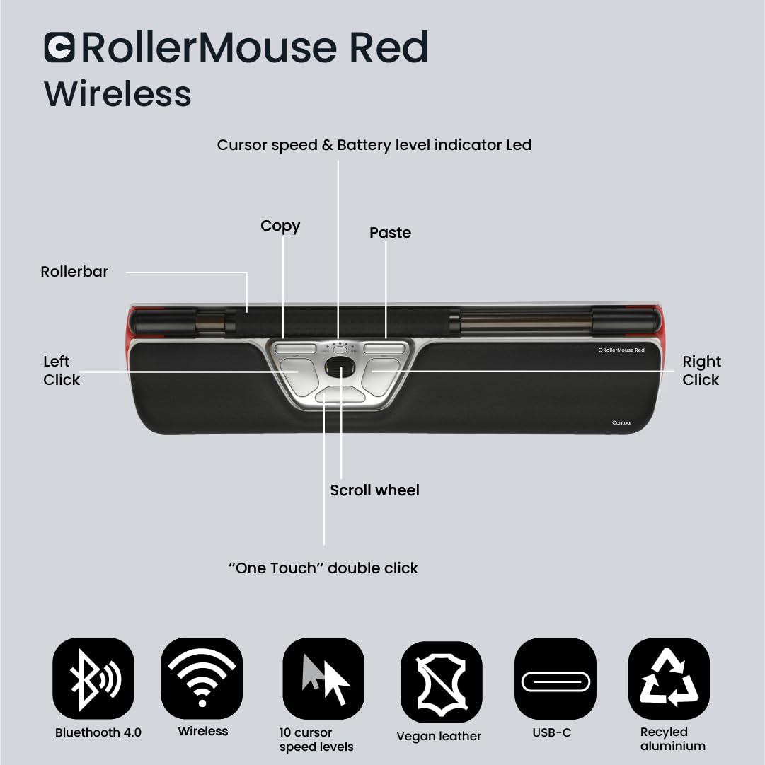 Contour RollerMouse Red, Inalámbrico - ratón ergonómico - Bluetooth - USB-C.