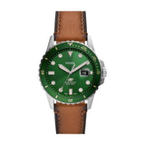Fossil Reloj para hombre Azul, movimiento de cuarzo, caja de 42mm de acero inoxidable plateado con correa de piel Pro-Planet, FS5946, Verde