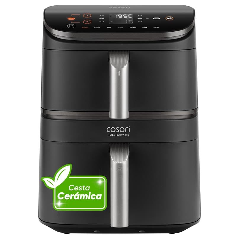 Cosori Turbo Tower Pro Freidora de Aire 10.8L 2630W, Revestimiento Cerámico y Doble Cesta, Tecnología Avanzada con Motor DC y Dual Blaze, Ahorro de Energía y Más Rápida, 7 Funciones, Ahorra de Espacio