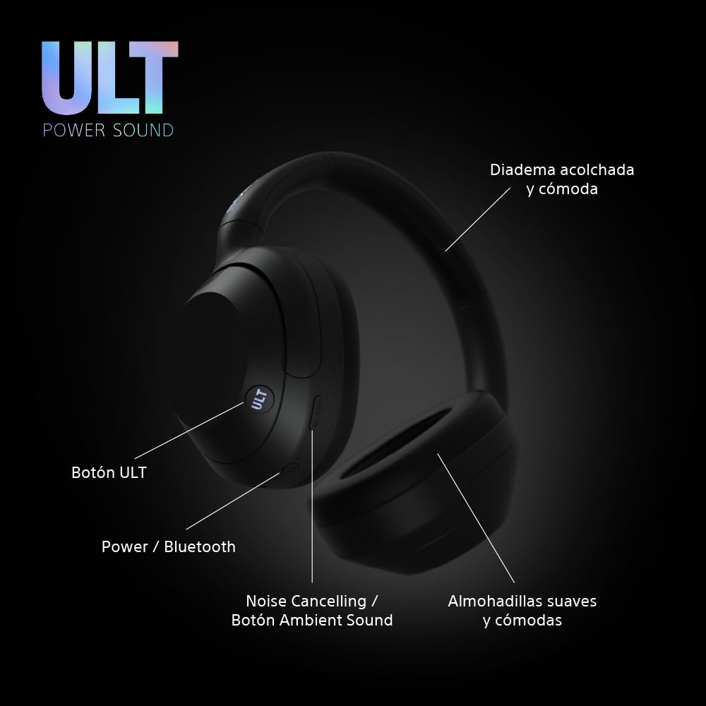Sony ULT Wear, Auriculares inalámbricos Bluetooth con ULT Power Sound, Ultimate Deep Bass, Noise Cancelling, Calidad de Llamada nítida, hasta 30 Horas de autonomía de la batería, iOS y Android, Negro