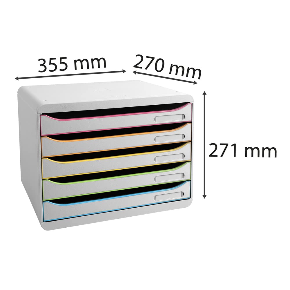 Exacompta - Ref. 308913D - BIG-BOX PLUS HORIZON - Caja de 5 cajones para documentos A4+ - Dimensiones exteriores: profundidad 27 x ancho 35,5 x altura 27,1 cm - Blanco/Arlequin/Blanco