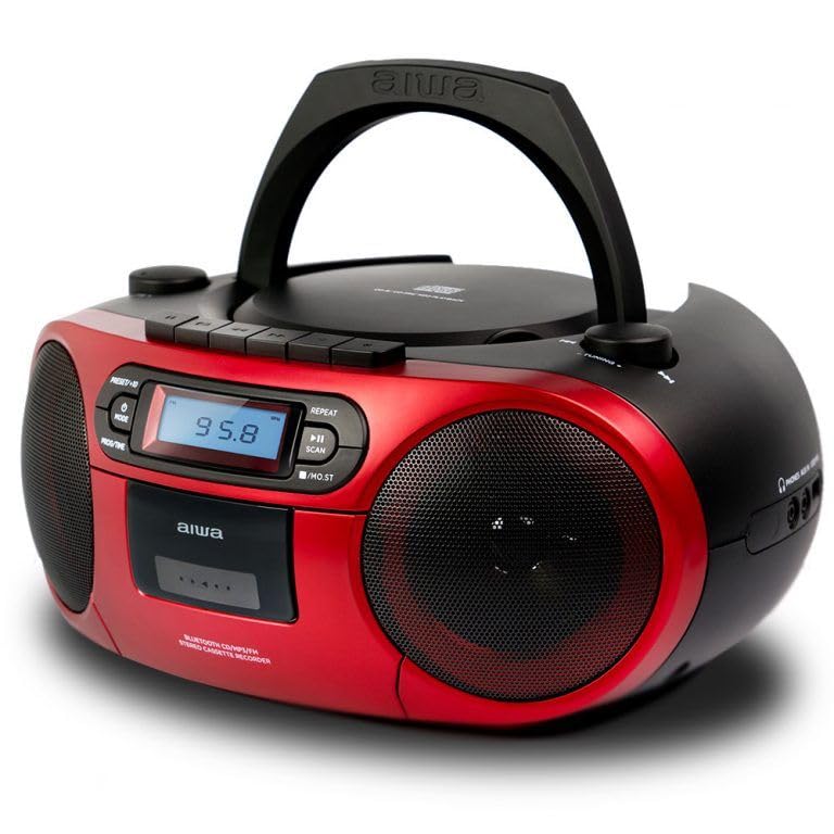 Aiwa BBTC-550RD - Radio Cassette Portátil con CD, Bluetooth y USB, Grabador de Cassettes. Color: Rojo