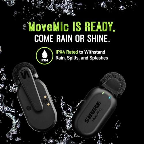 Shure MoveMic Two Kit- Pro Direct to Phone Micrófono inalámbrico Lavalier para iPhone y Android, Bluetooth Mini Mic, Carga de 24 horas, Configuración rápida, IPX4, Portable Clip Lavs (MV-TWO-KIT-Z6)