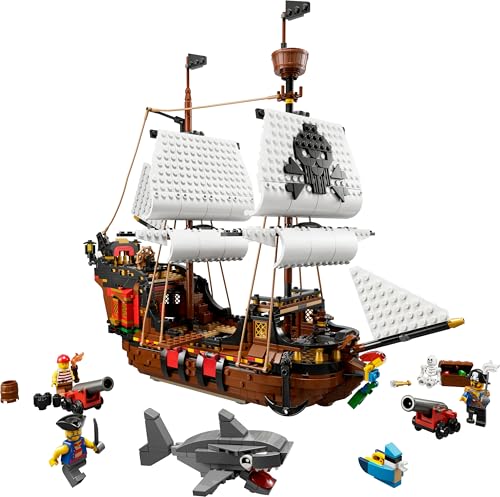 LEGO Creator 3-en-1 Barco Pirata, Isla Calavera o Taberna, Juego Creativo de Construcción con Tiburón de Juguete y Mini Figuras, Regalo para Niños y Niñas de 9 Años o Más 31109