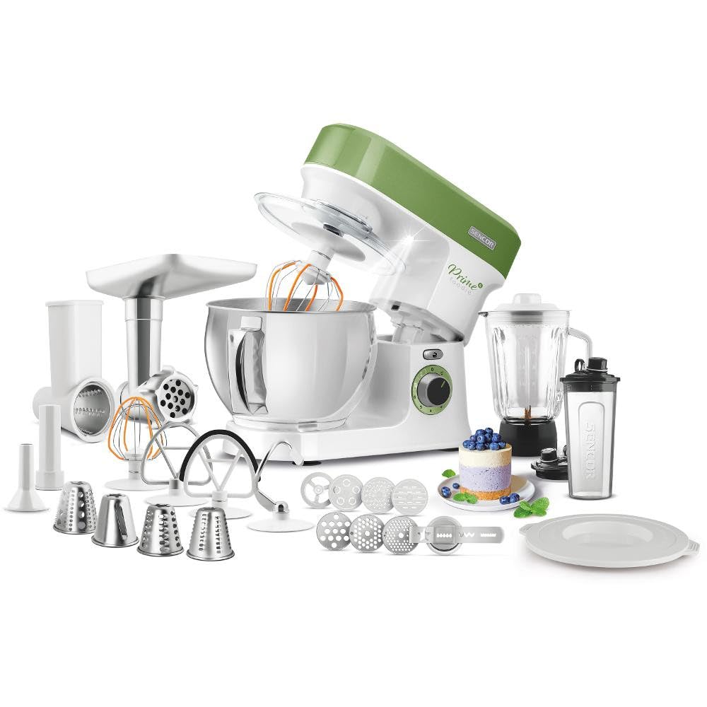 Sencor - Robot pastelero multifuncional, robot de cocina potente, motor 1200 W, con iluminación LED, 6 velocidades, puls y 2 programas NutriSmart, kit de accesorios completos - verde 3780