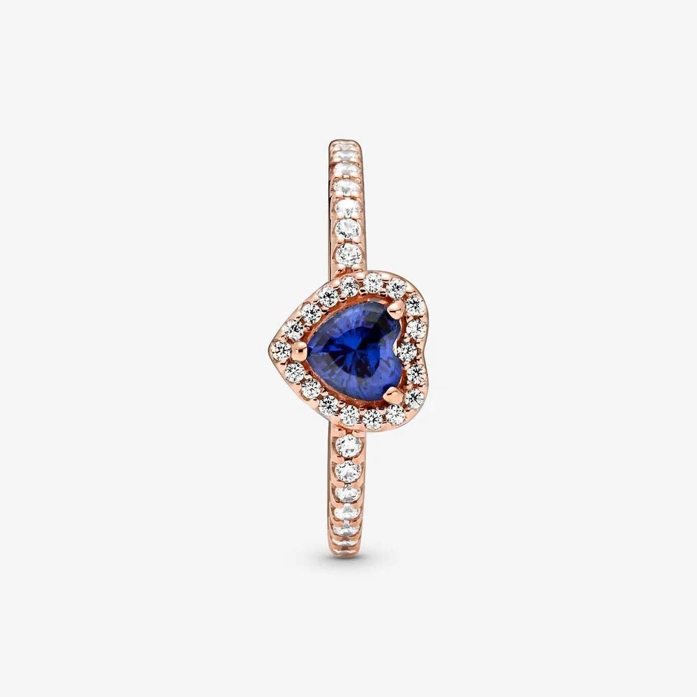 Pandora Timeless Anillo con diseño de corazón chapado en oro rosa de 14 quilates con circonitas cúbicas transparentes y cristal azul crepúsculo, talla 48
