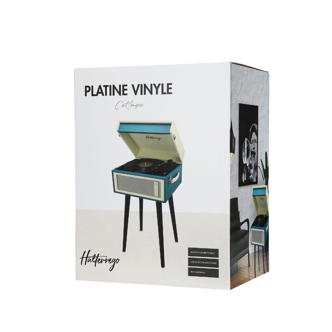 Platino de Vinilo Halterrego con 4 Patas de Madera extraíbles y HP integradas, RMS 2 x 5 W, RCA out, Aux in y Toma de Auriculares, BT in/out, lec y enrg USB, Azul Pato