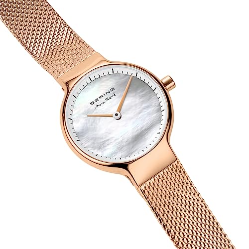 BERING 15527-364 Reloj de Cuarzo para Mujer con Caja de Acero Inoxidable de 27 mm con Acabado en Oro Rosa y Esfera Blanca, Correa milanesa, Cristal de Zafiro y Resistencia al Agua de 5 ATM