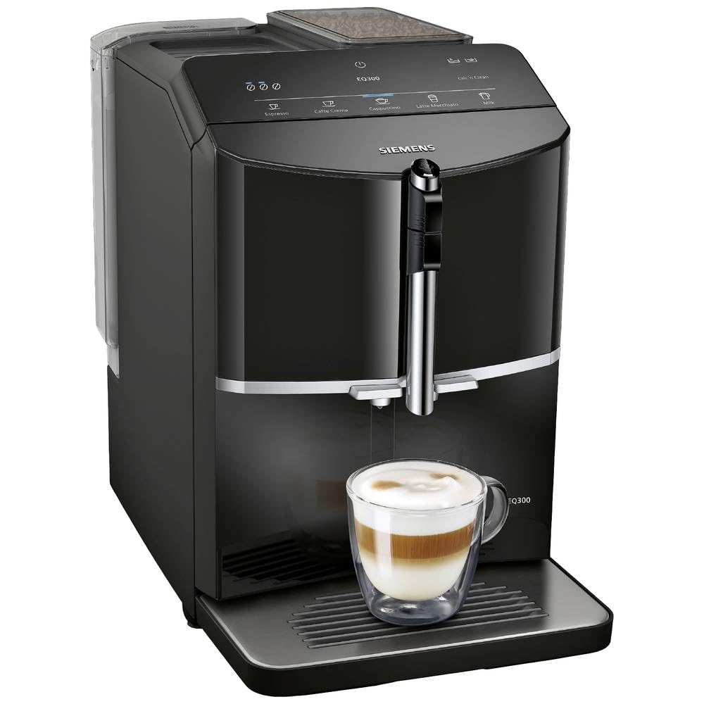 Siemens, cafetera superautomática, EQ300, molinillo cerámico,espumador de leche, función oneTouch, negro, TF301E19