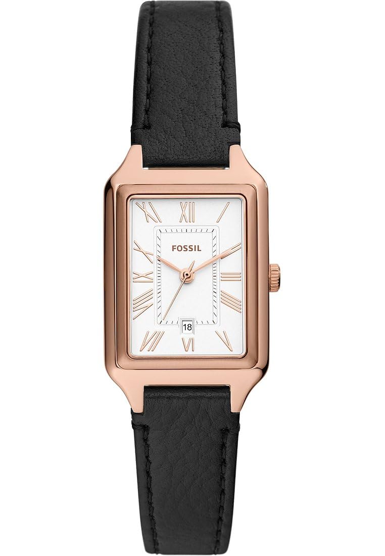 Fossil Raquel Reloj para Mujer, Movimiento de Cuarzo con Correa de Acero o Piel, Negro y Tono Oro Rosa, 23MM
