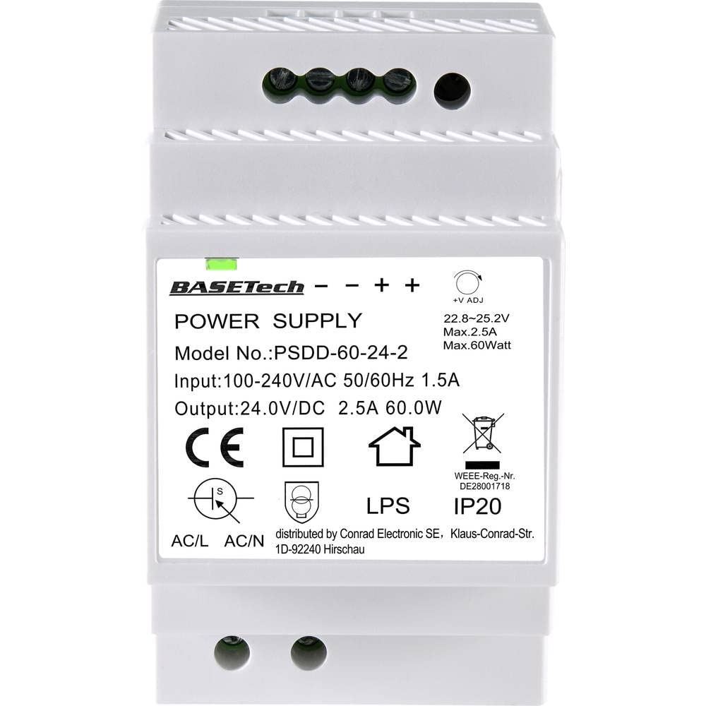 Basetech PSDD-60-24-2 - Fuente de alimentación para Carril DIN (24 V, 2,5 A, 60 W, 2 Unidades)