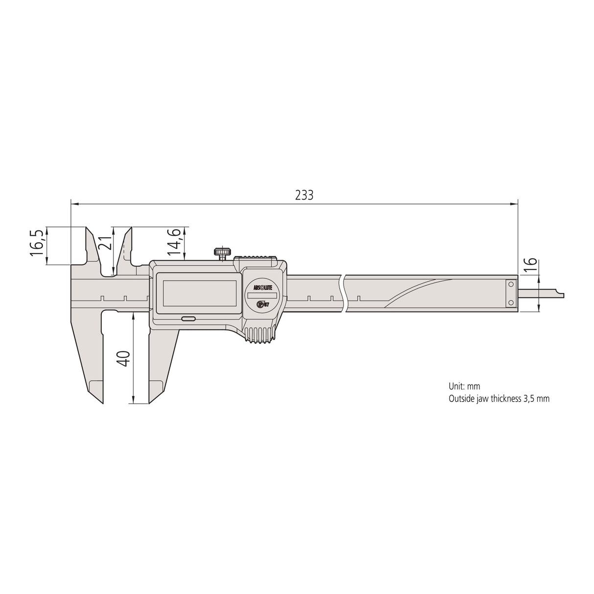 Mitutoyo Calibre digital 500-706-20 o salida de datos/rodillo de accionamiento, grado de protección: IP67, rango de medición 0-150 mm