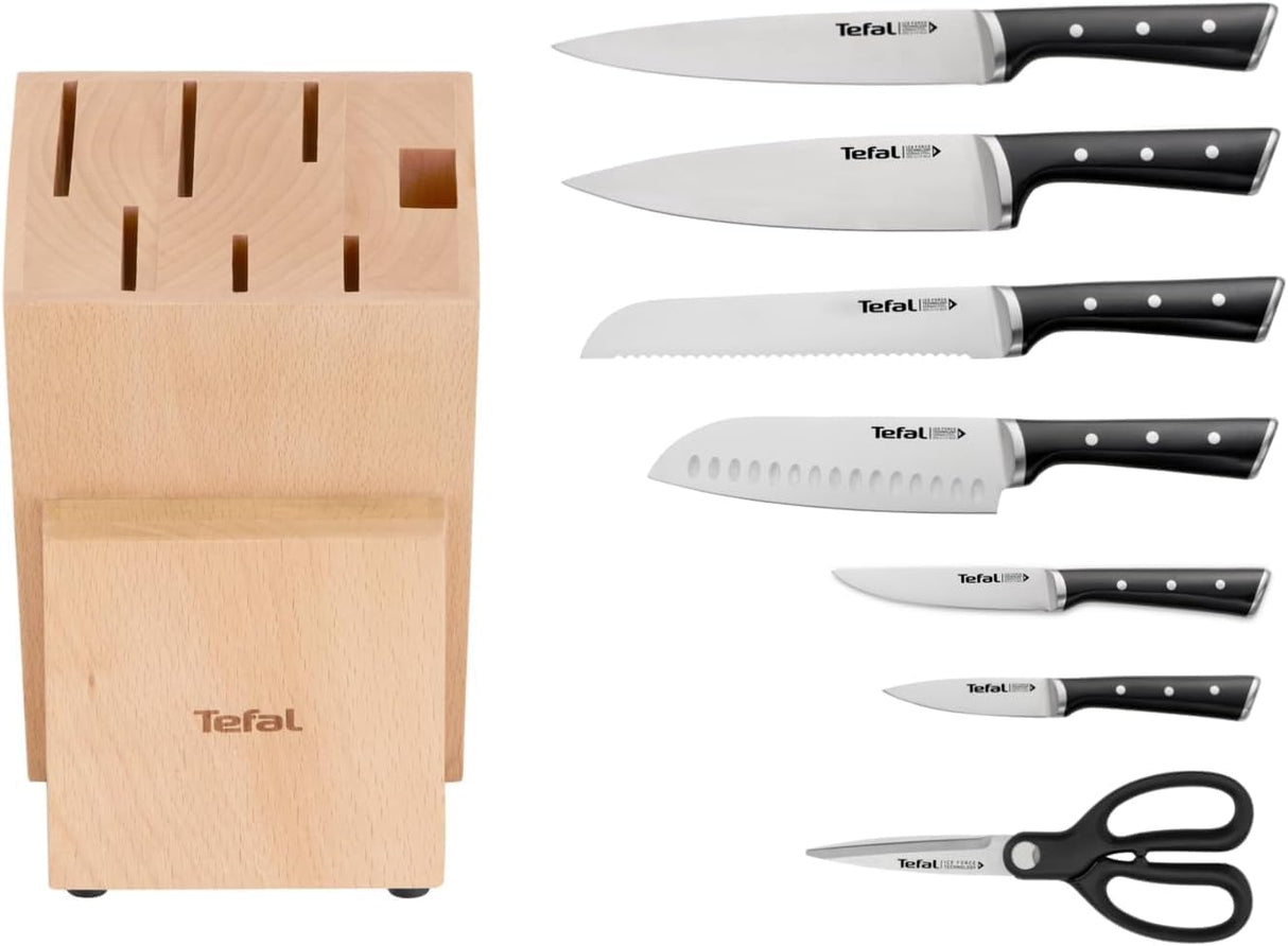 Tefal Ice Force – Bloque de 7 cuchillos: Pan 20 cm, Chef 20cm, Santoku 18 cm, Universal 11cm, Pelar 9cm | Acero Inoxidable Alemán, Corte Preciso, Mango Remachado, Resistente a la Corrosión