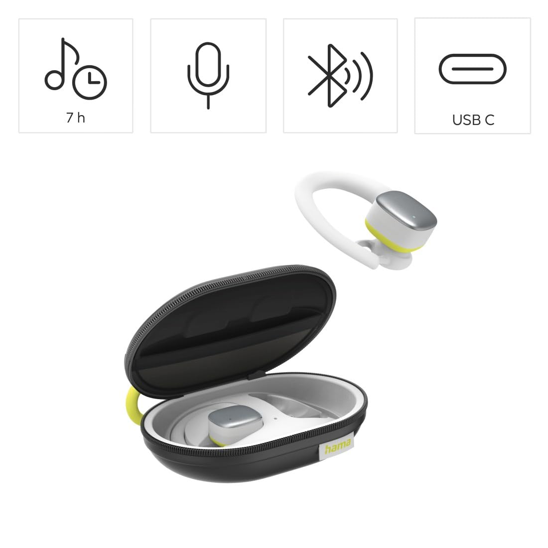 Hama | Auriculares Inalámbricos Bluetooth Deportivos (Auriculares Deportivos con hasta 7h de Música, IPX5, Micrófono Integrado) Blanco y Amarillo