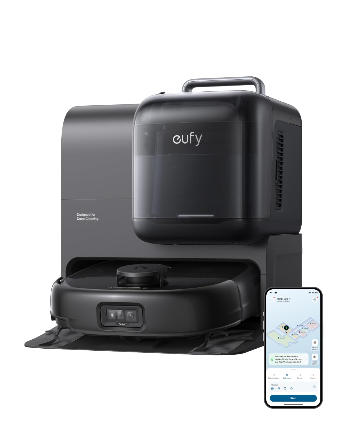 eufy Robot Aspirador Omni E28, Aspirador quitamanchas portátil, Sistema HydroJet, succión Turbo de 20.000 Pa, cepillos desenredantes DuoSpiral, Brazo CornerRover, estación Todo en uno.