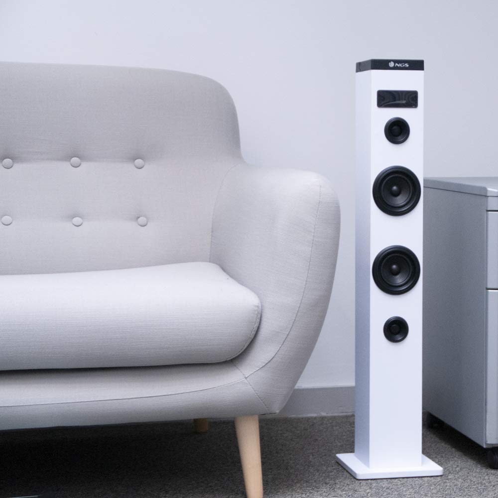 NGS Sky Charm White- Torre de Sonido Bluetooth 50W con Mando a Distancia, Entrada Óptica, USB, Radio FM y AUX IN (Color Blanco)