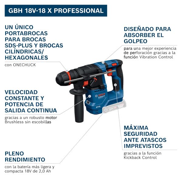 Bosch Professional 18V System martillo perforador a batería GBH 18V-18 X (ONECHUCK, incl. 2x 18V 2.0Ah, GAL 18V-40, GDE 24)